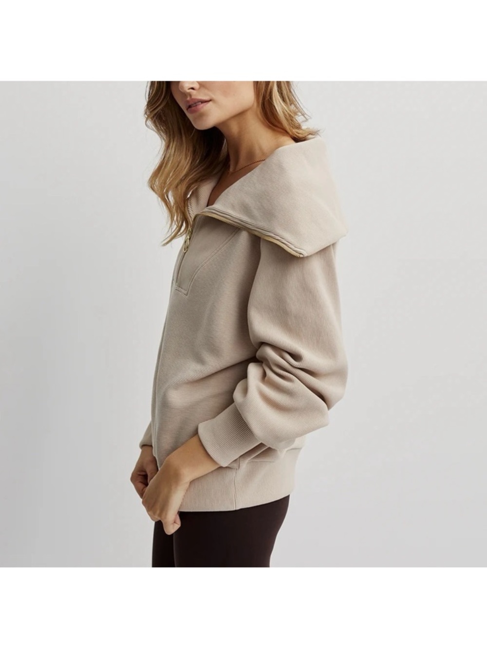 Varley Beige Ribbed Zip Jacket - Picture 2 of 8
